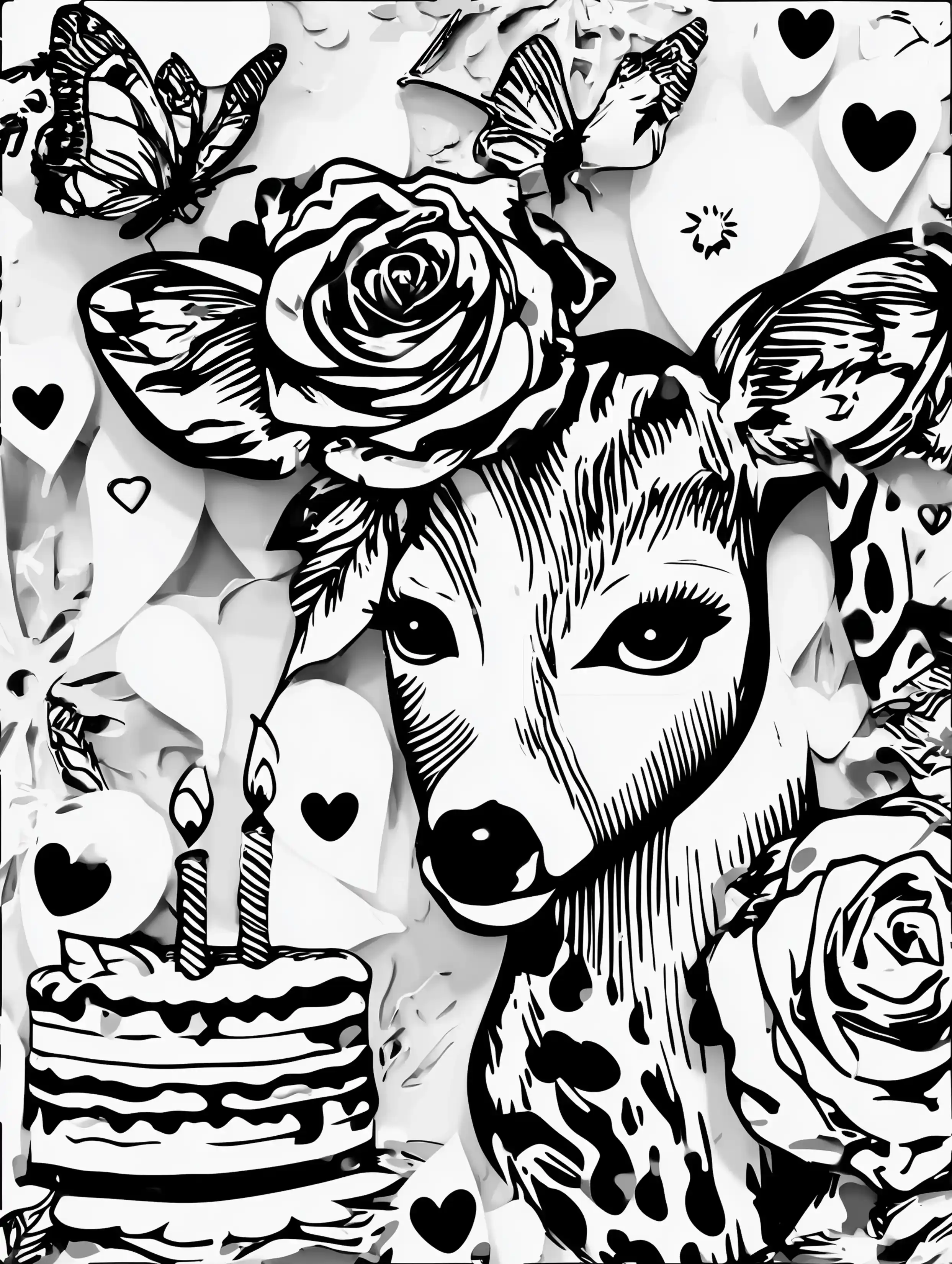 Free printable reindeer coloring page for adults featuring a hornless deer with cake and candles